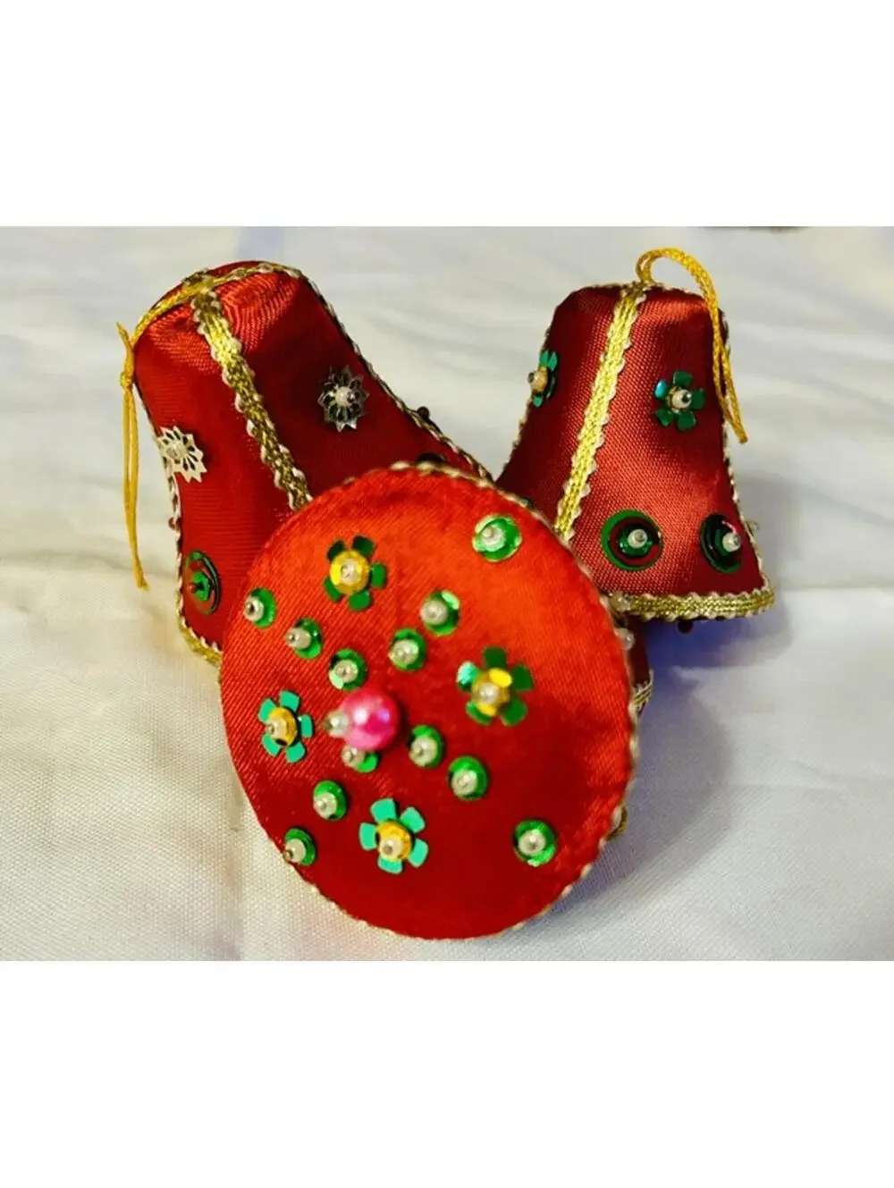 Set of 3 Red Decorative Hanging Bells with Sequin and Bead Embellishments